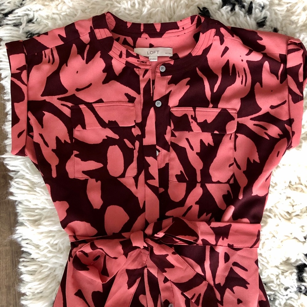 Loft Maroon Blouse Dress with Tie Waist